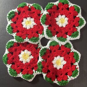 4 Christmas Poinsettia Coasters Handmade Crochet Drink Coasters Woven‎ 6”